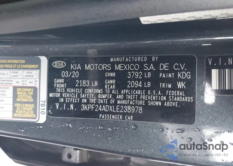 2020 Kia Forte Lxs из США, поврежденный, VIN 3KPF24ADXLE238978